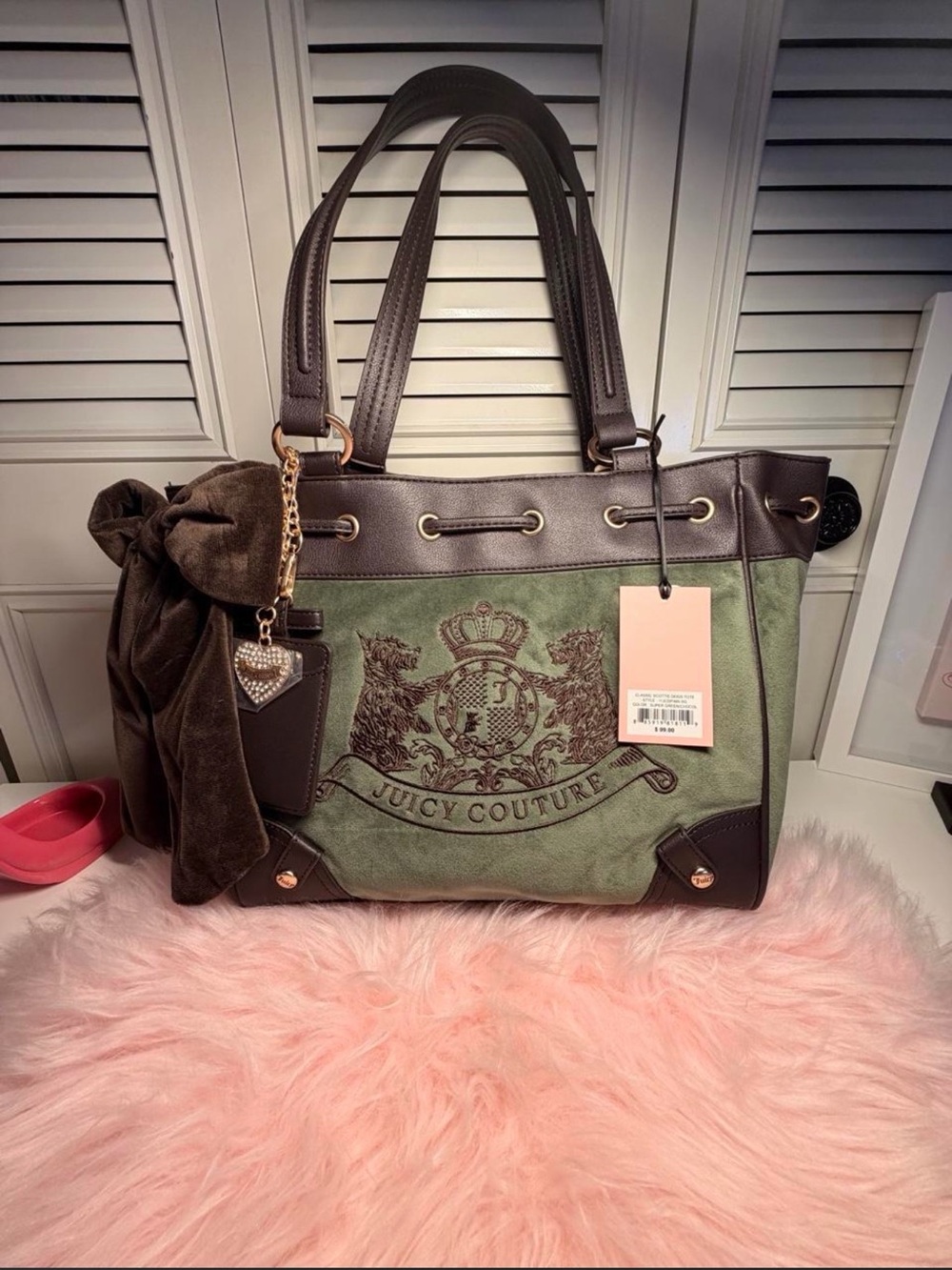 Juicy Couture Olive Green and Brown Crest Tote with Bow Charm (New with tags)